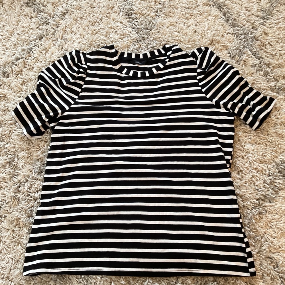 Dokotoo‎ Womens Black White Striped Puff Sleeve Crew Neck Top Large